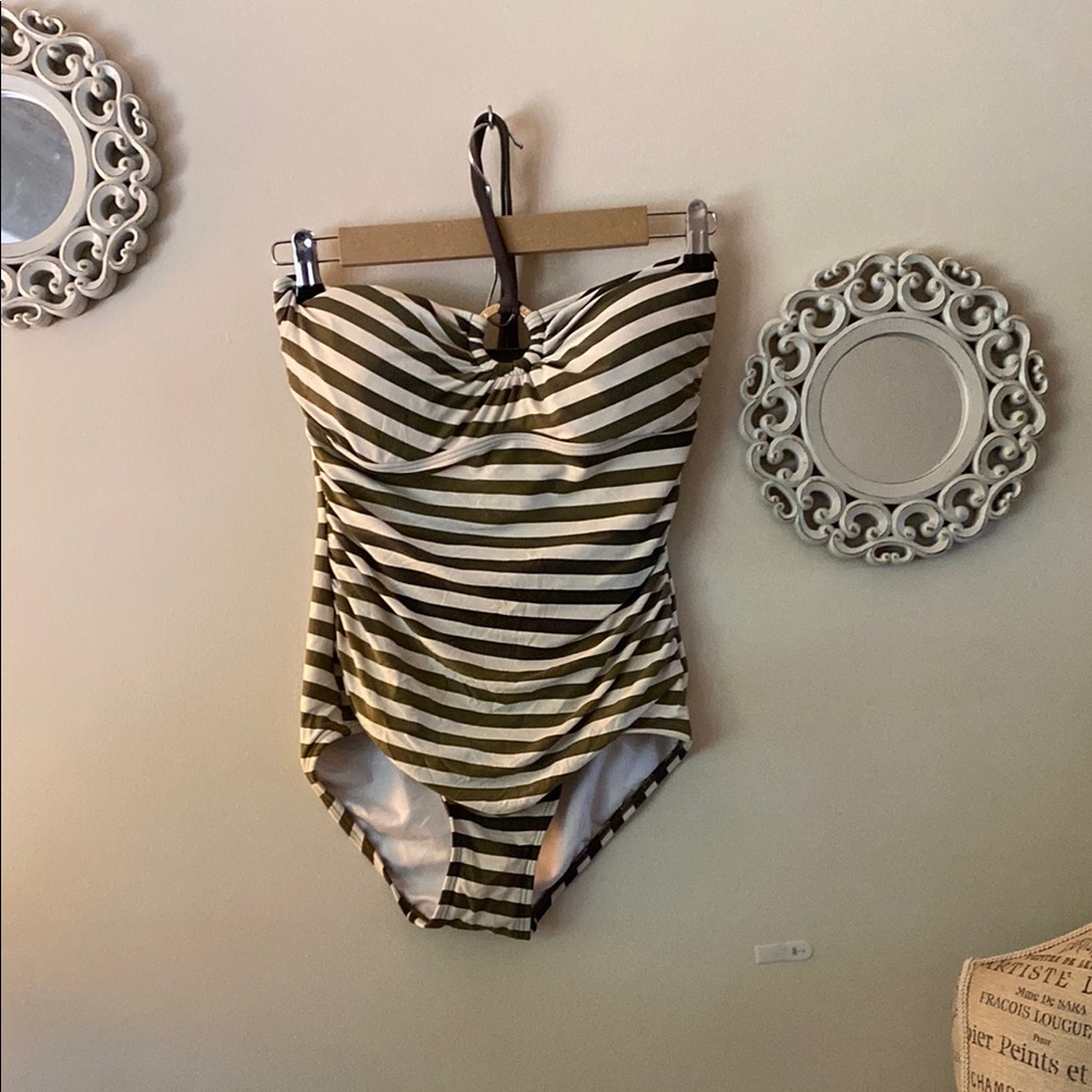 Michael Kors Olive and White Striped One Piece Swimsuit
